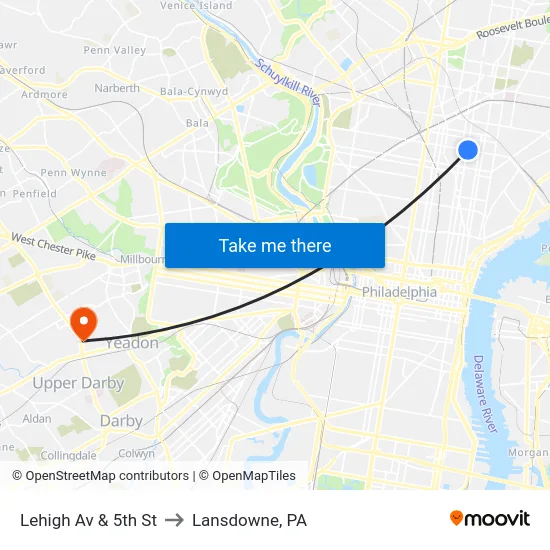 Lehigh Av & 5th St to Lansdowne, PA map
