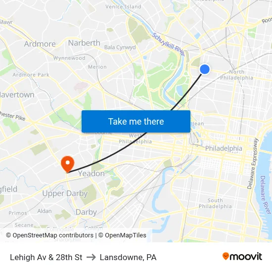 Lehigh Av & 28th St to Lansdowne, PA map