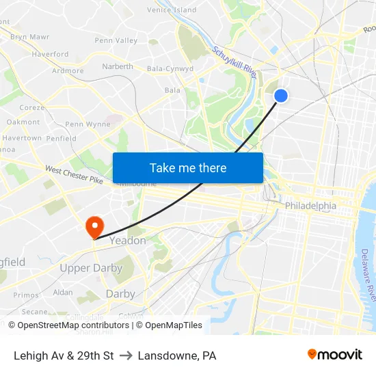 Lehigh Av & 29th St to Lansdowne, PA map