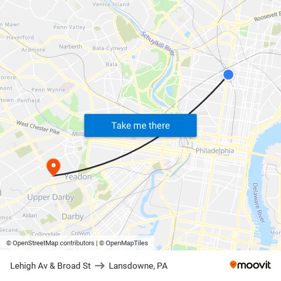 Lehigh Av & Broad St to Lansdowne, PA map