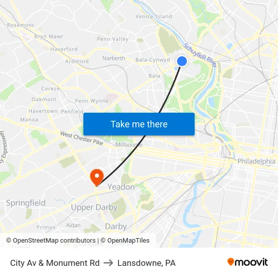 City Av & Monument Rd to Lansdowne, PA map