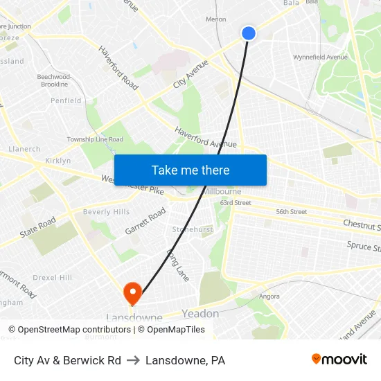 City Av & Berwick Rd to Lansdowne, PA map