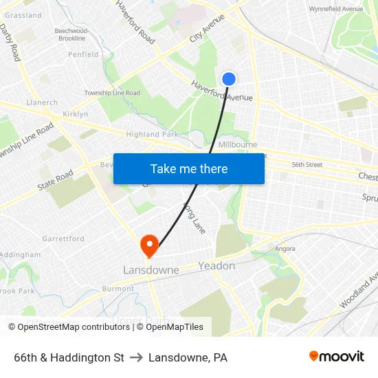 66th & Haddington St to Lansdowne, PA map