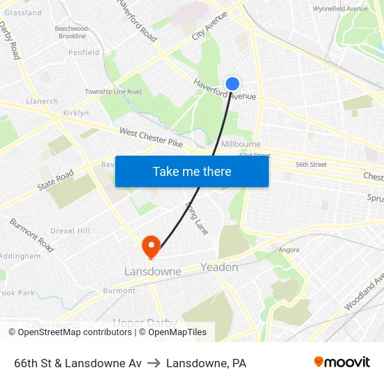 66th St & Lansdowne Av to Lansdowne, PA map