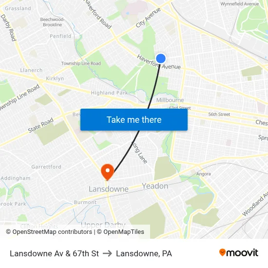 Lansdowne Av & 67th St to Lansdowne, PA map