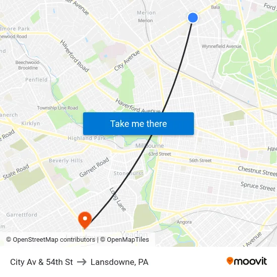 City Av & 54th St to Lansdowne, PA map