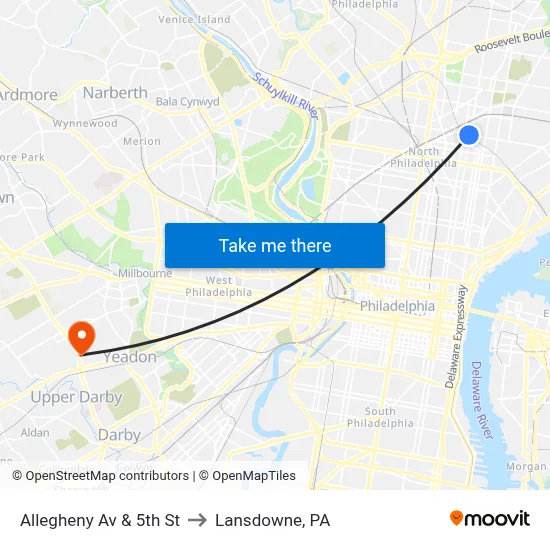 Allegheny Av & 5th St to Lansdowne, PA map