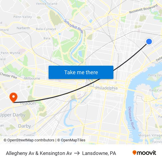 Allegheny Av & Kensington Av to Lansdowne, PA map