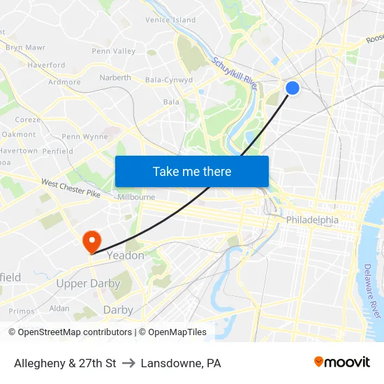 Allegheny & 27th St to Lansdowne, PA map