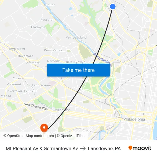 Mt Pleasant Av & Germantown Av to Lansdowne, PA map