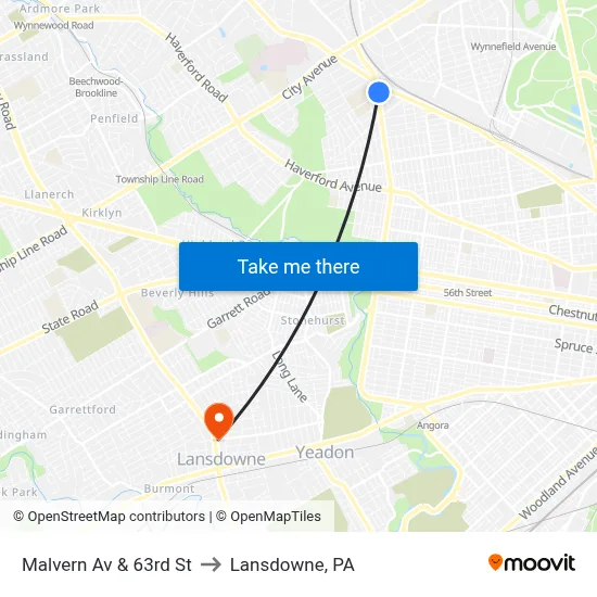 Malvern Av & 63rd St to Lansdowne, PA map
