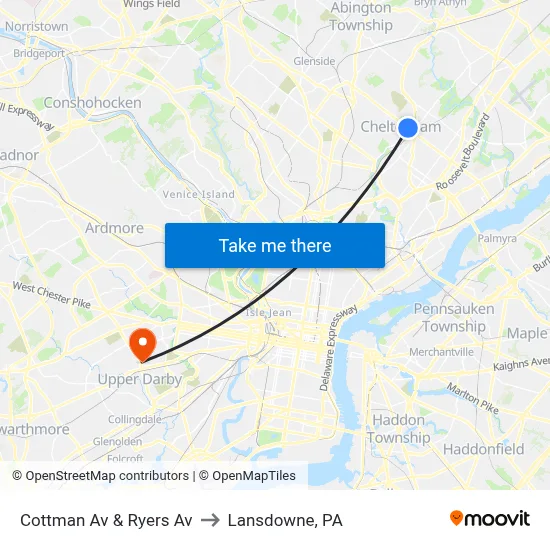 Cottman Av & Ryers Av to Lansdowne, PA map