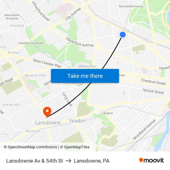 Lansdowne Av & 54th St to Lansdowne, PA map