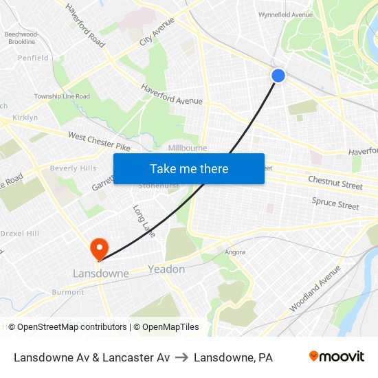 Lansdowne Av & Lancaster Av to Lansdowne, PA map