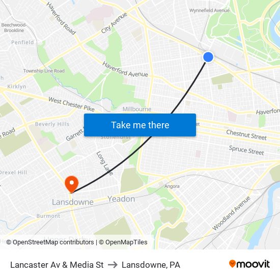 Lancaster Av & Media St to Lansdowne, PA map