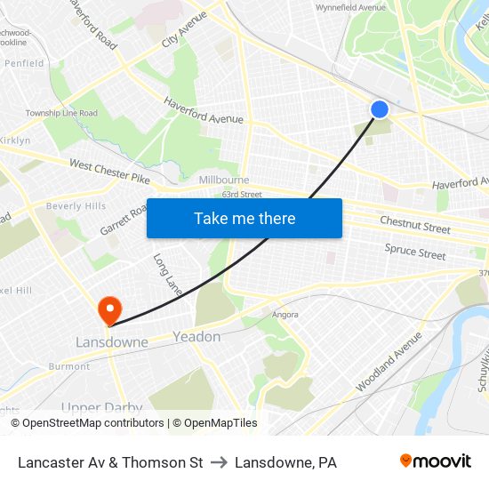 Lancaster Av & Thomson St to Lansdowne, PA map