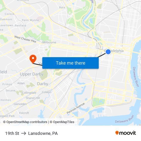 19th St to Lansdowne, PA map