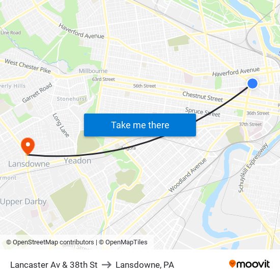 Lancaster Av & 38th St to Lansdowne, PA map