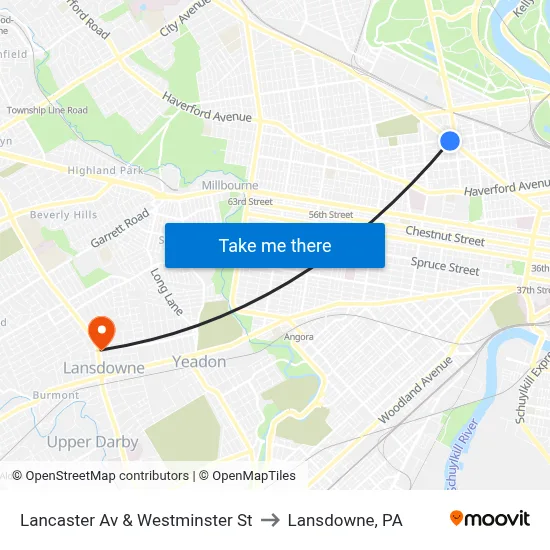 Lancaster Av & Westminster St to Lansdowne, PA map