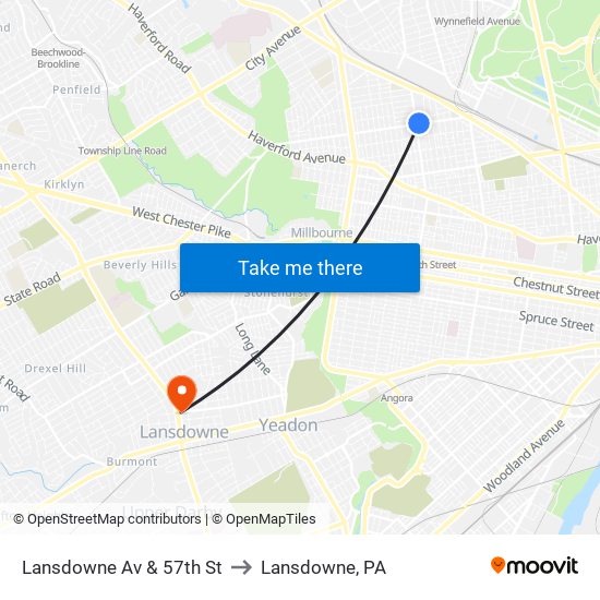 Lansdowne Av & 57th St to Lansdowne, PA map