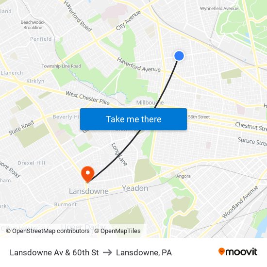 Lansdowne Av & 60th St to Lansdowne, PA map