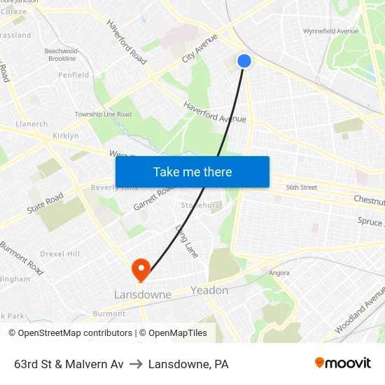 63rd St & Malvern Av to Lansdowne, PA map