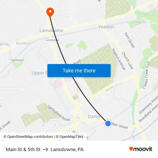 Main St & 5th St to Lansdowne, PA map