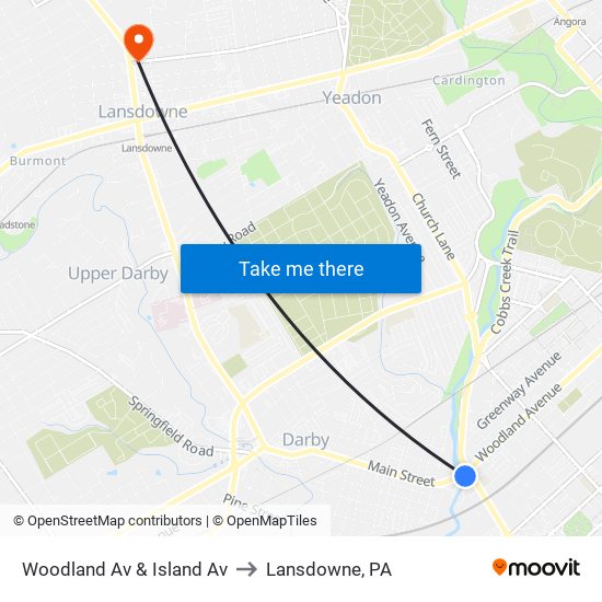 Woodland Av & Island Av to Lansdowne, PA map