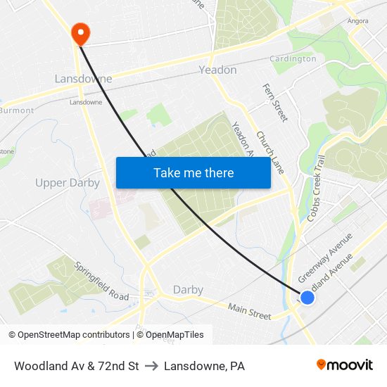 Woodland Av & 72nd St to Lansdowne, PA map