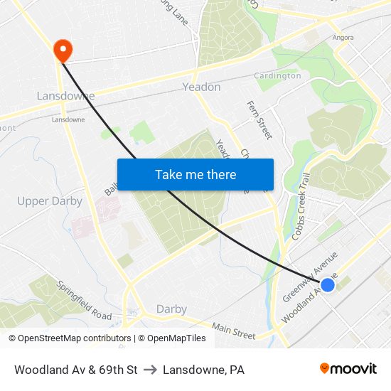 Woodland Av & 69th St to Lansdowne, PA map