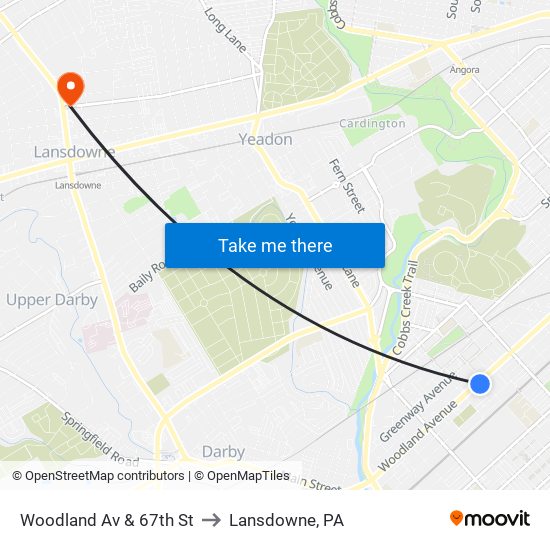 Woodland Av & 67th St to Lansdowne, PA map