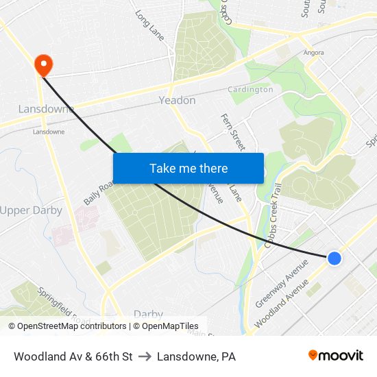 Woodland Av & 66th St to Lansdowne, PA map