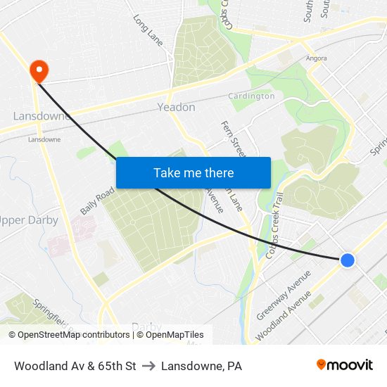 Woodland Av & 65th St to Lansdowne, PA map