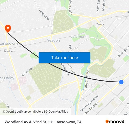 Woodland Av & 62nd St to Lansdowne, PA map