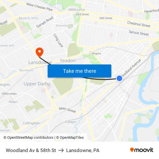 Woodland Av & 58th St to Lansdowne, PA map