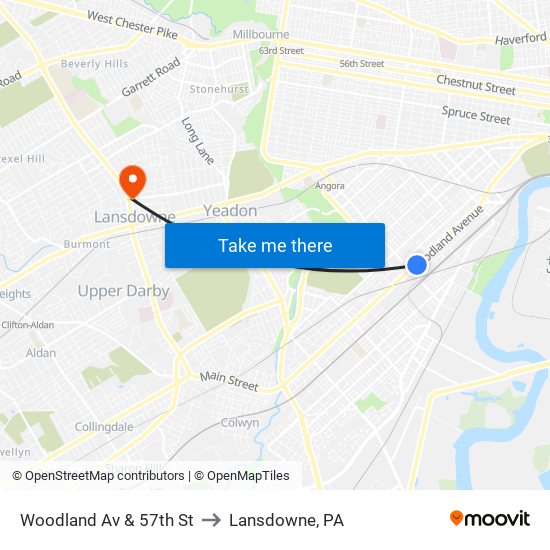 Woodland Av & 57th St to Lansdowne, PA map