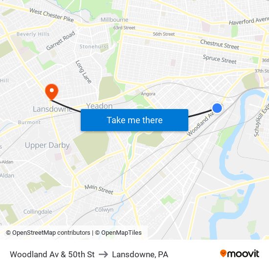 Woodland Av & 50th St to Lansdowne, PA map