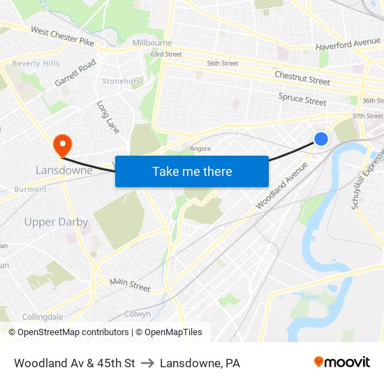 Woodland Av & 45th St to Lansdowne, PA map