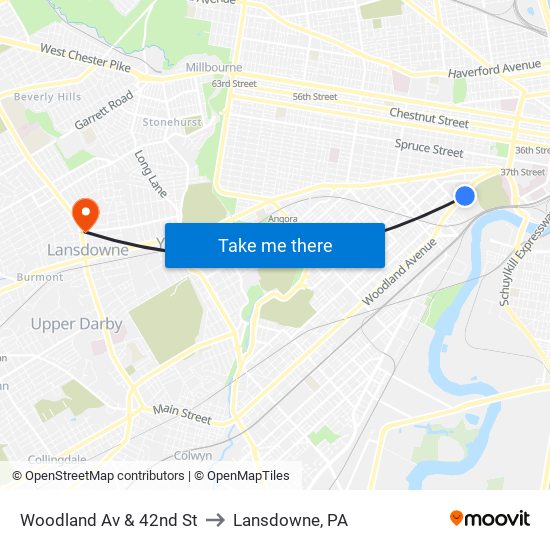 Woodland Av & 42nd St to Lansdowne, PA map