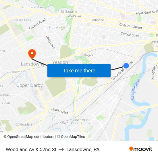 Woodland Av & 52nd St to Lansdowne, PA map