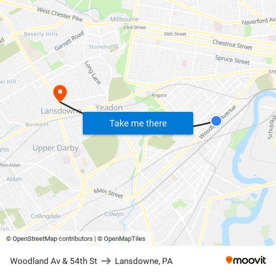 Woodland Av & 54th St to Lansdowne, PA map