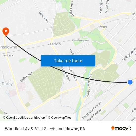 Woodland Av & 61st St to Lansdowne, PA map