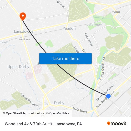 Woodland Av & 70th St to Lansdowne, PA map