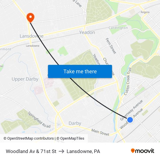Woodland Av & 71st St to Lansdowne, PA map