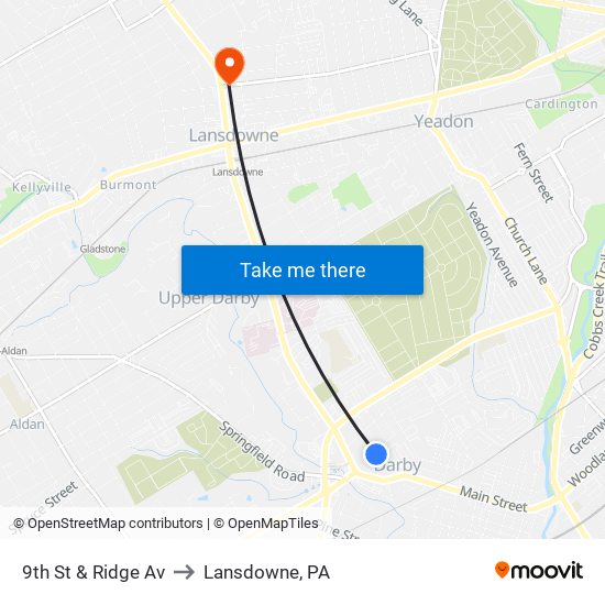 9th St & Ridge Av to Lansdowne, PA map