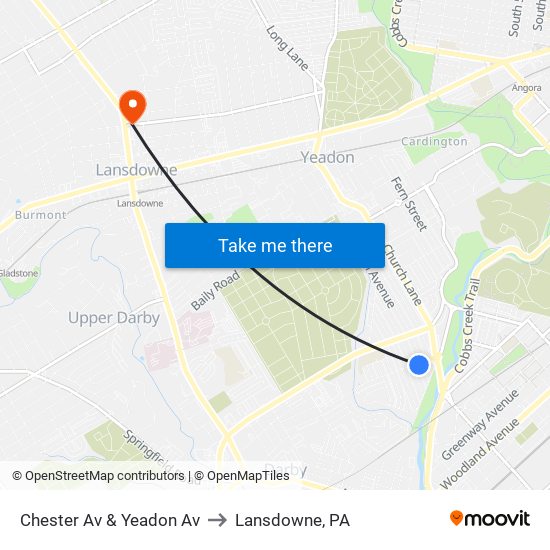 Chester Av & Yeadon Av to Lansdowne, PA map