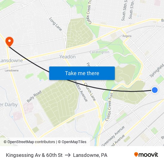 Kingsessing Av & 60th St to Lansdowne, PA map