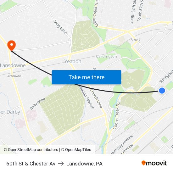 60th St & Chester Av to Lansdowne, PA map