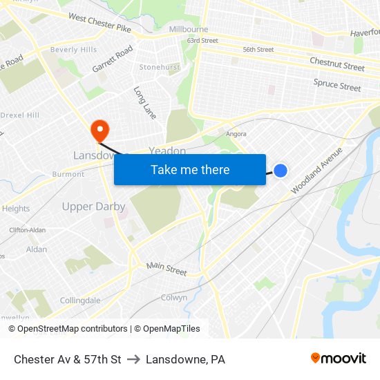Chester Av & 57th St to Lansdowne, PA map