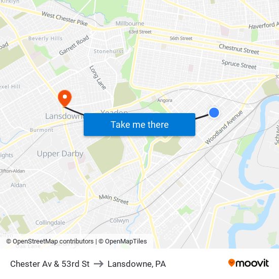 Chester Av & 53rd St to Lansdowne, PA map